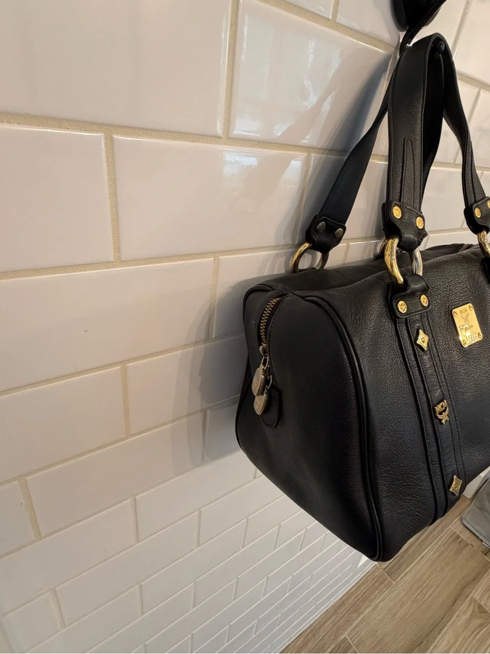 MCM Black Leather Satchel with Gold Plaque and Hardware - Picture 4 of 7